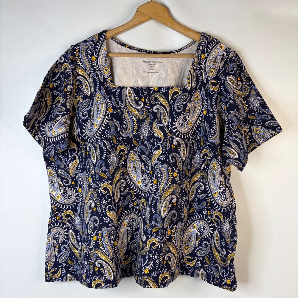 Jessica London Paisley Top Women 26/28 Blue Square Neck Short Sleeve Stretch